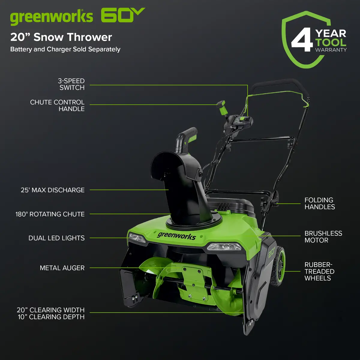 60V 20" Brushless Snow Thrower (Tool Only) 2