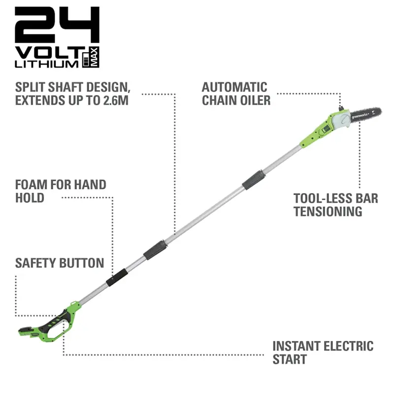 24V 8" Pole Saw & Pole Hedger Attachment, 2.0Ah Usb Battery And Charger Included 2