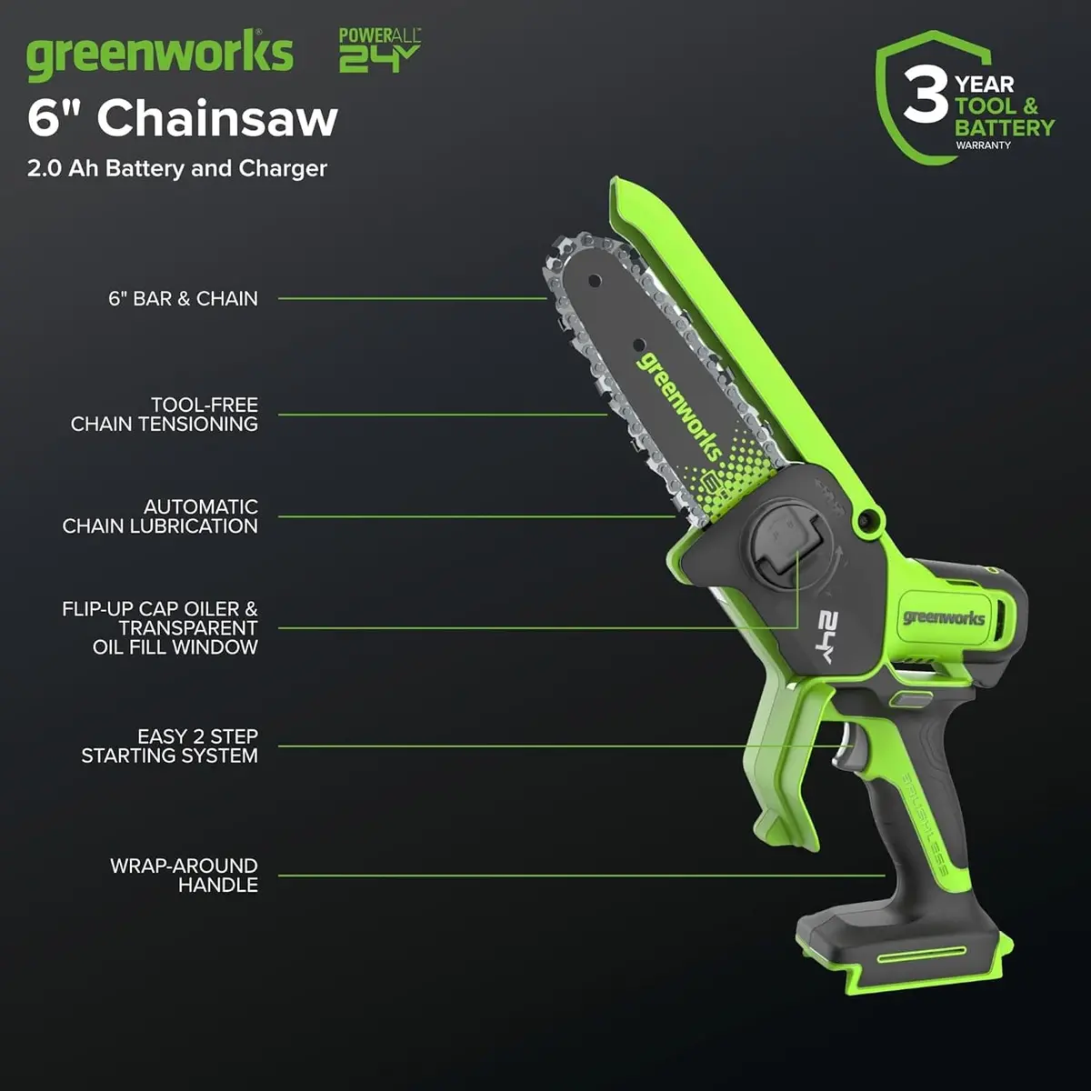 24V 6" Brushless Pruning Saw, 2.0Ah Battery And 30W Type-C Charger With 3-Ft Cord Included 2