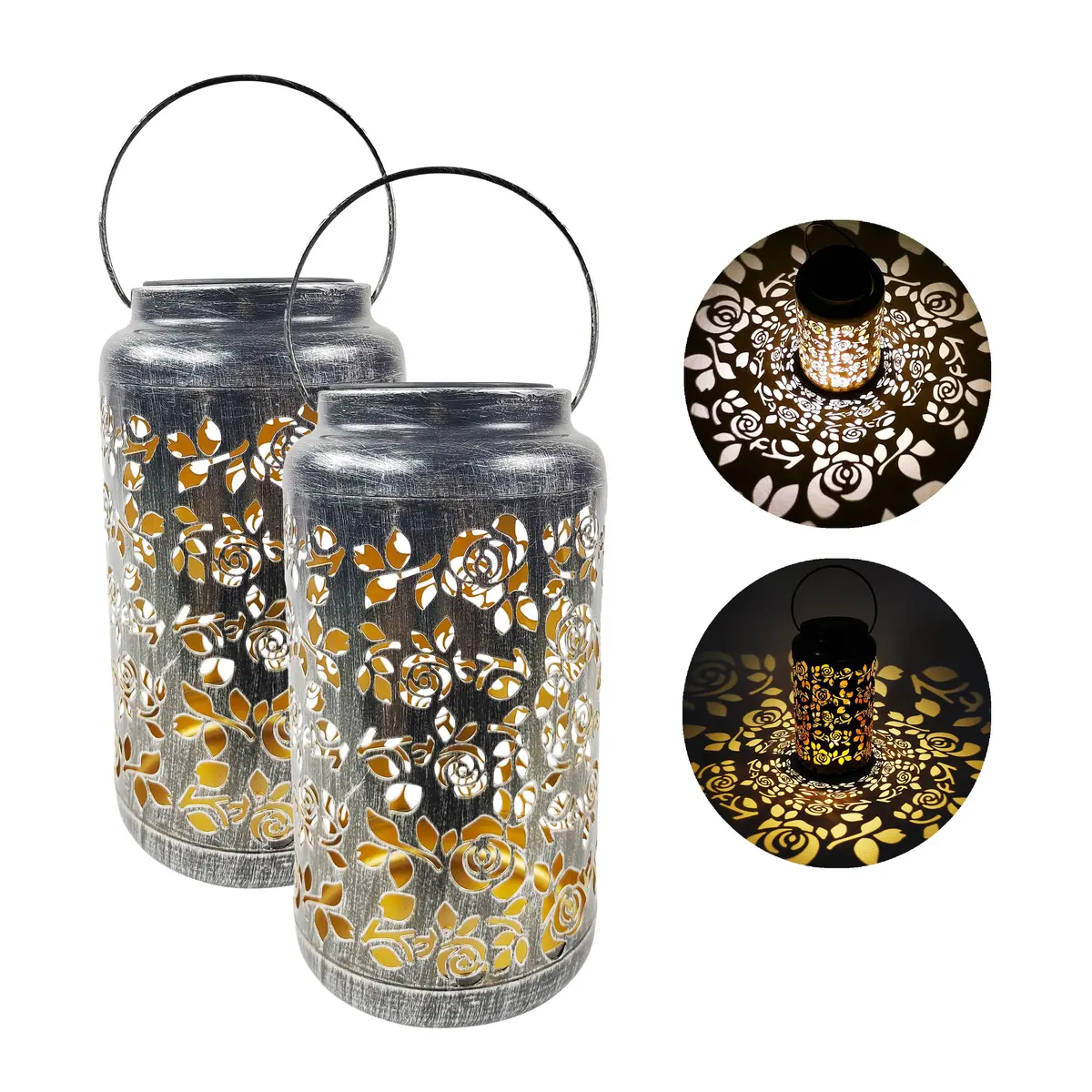 Bliss Outdoors Bsl-313-S Set Of 2 Solar Led Lanterns W/ Rose Design & Hand Painted Finish | 9-In. Tall | Waterproof Ip44 (Silver) 1