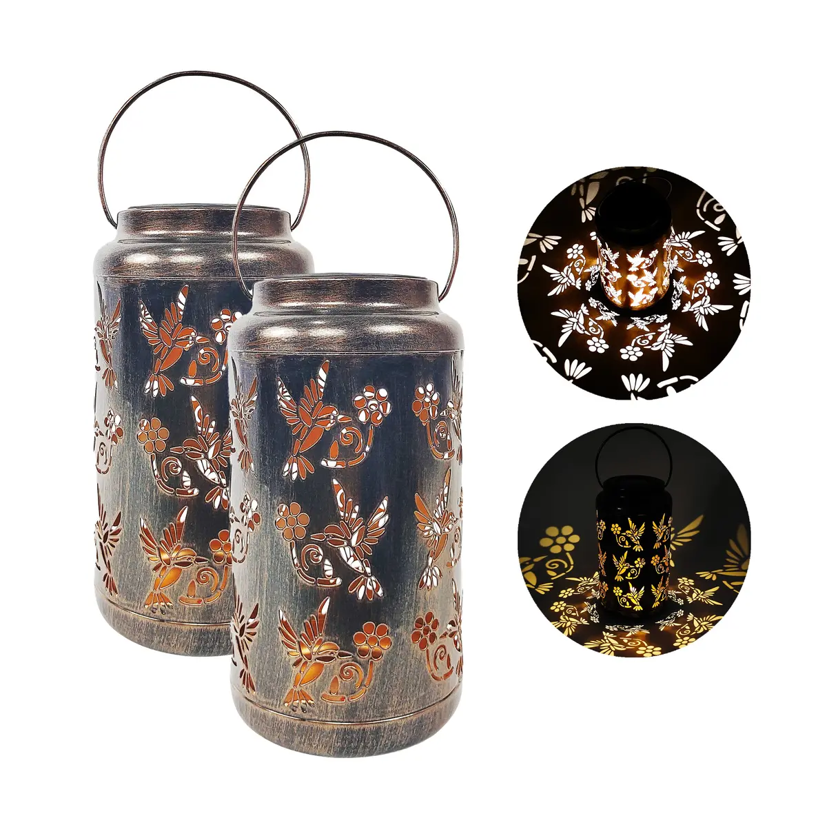 Bliss Outdoors Bsl-309-Bz Set Of 2 Solar Led Lanterns W/ Humming Bird Design & Hand Painted Finish | 9-In. Tall | Waterproof Ip44 (Bronze) 1