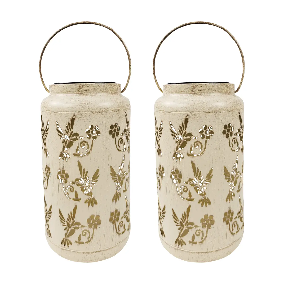 Bliss Outdoors Bsl-309-Wh Set Of 2 Solar Led Lanterns W/ Humming Bird Design & Hand Painted Finish | 9-In. Tall | Waterproof Ip44 (White) 2