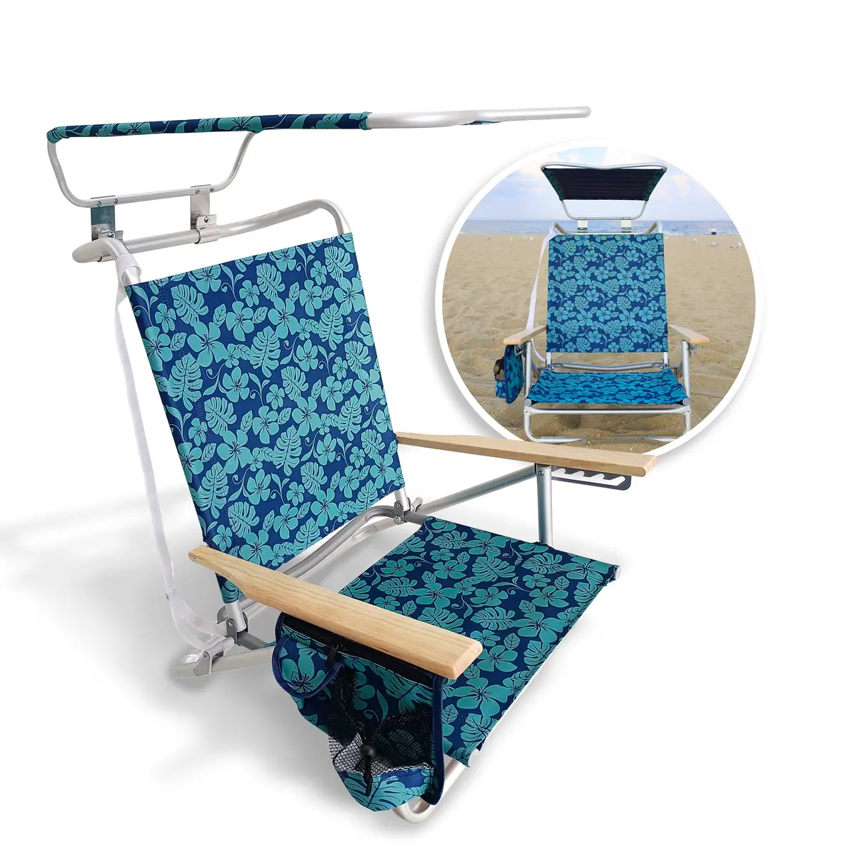 Bliss Hammocks Bbc-351-Bf Folding Beach Chair W/ Canopy | 5 Reclining Positions | Storage Pouch, Phone Holder, & Cup Holder Included | 275 Lb. Capacity (Blue Flower) 1