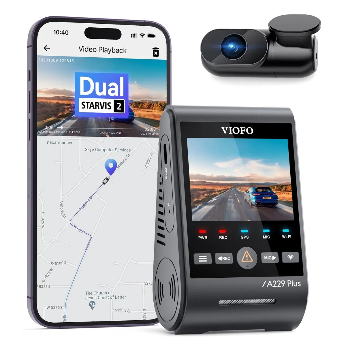 Viofo A229 Plus 2Ch Front And Rear 2K+2K Hdr 5Ghz Wi-Fi Gps Voice Control Dual Dash Camera With Sony Starvis 2 Sensor 1