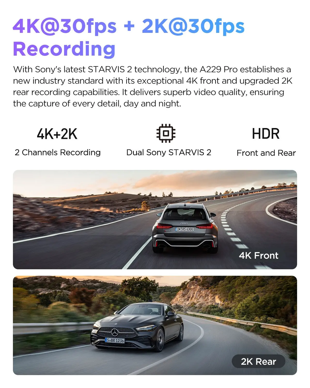 Viofo A229 Pro 2Ch Front And Rear 4K+2K Hdr Dual Dash Cam With Sony Starvis 2 Sensors Super Night Vision Voice Control 2