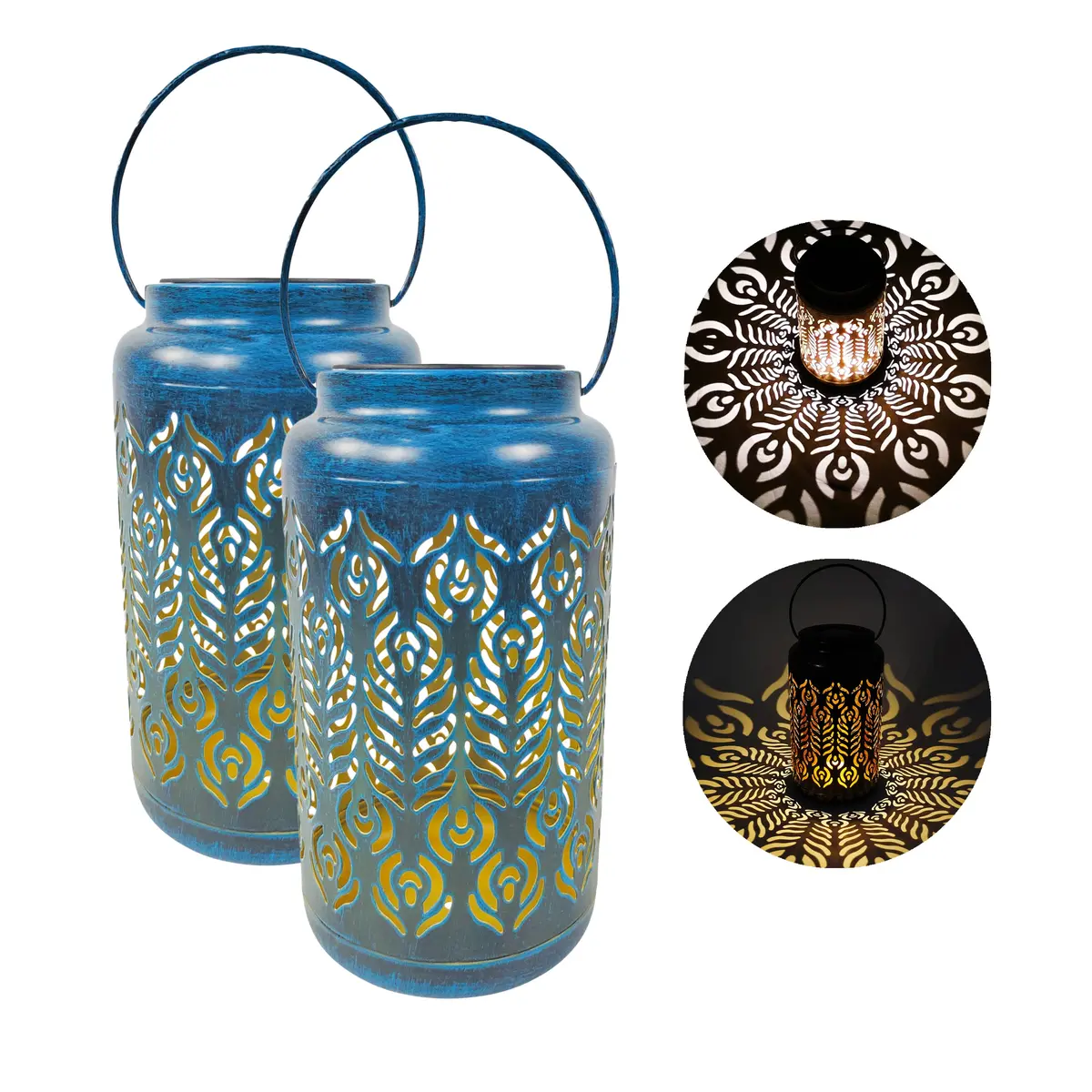Bliss Outdoors Bsl-310-Bl Set Of 2 Solar Led Lanterns W/ Phoenix Feather Design & Hand Painted Finish | 9-In. Tall | Waterproof Ip44 (Blue) 1