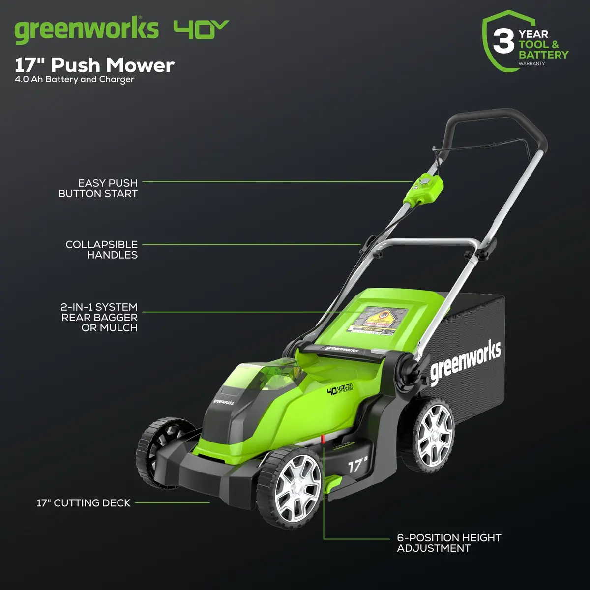 40V 17" Battery Lawn Mower - Push With 4.0Ah Battery & Charger 2