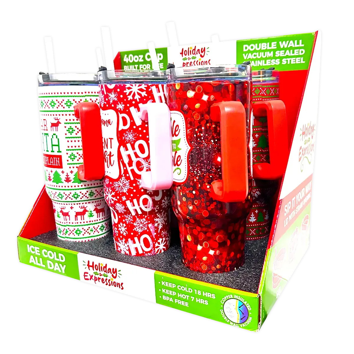 40 Oz Insulated Stainless Steel Holiday Cup - 6 Pieces Per Retail Ready Display 41709 1