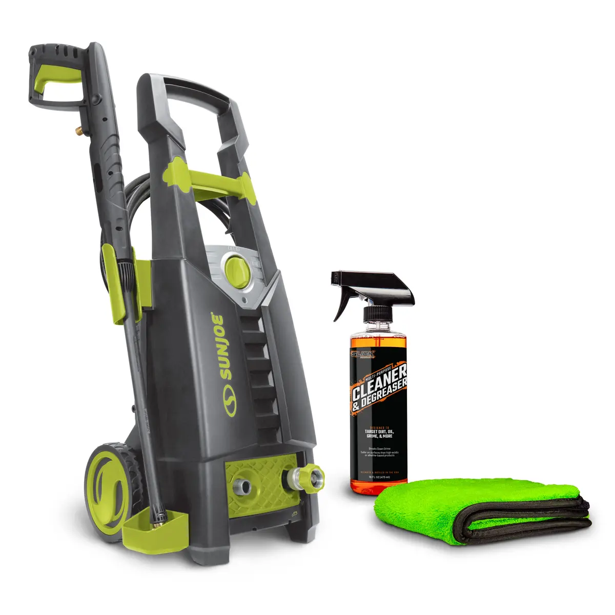 Sun Joe Clean & Degrease Pressure Washer Bundle | Includes Cleaner/Degreaser And Microfiber Towel | Max Performance Pressure Washer | Onboard Foam Cannon | 1