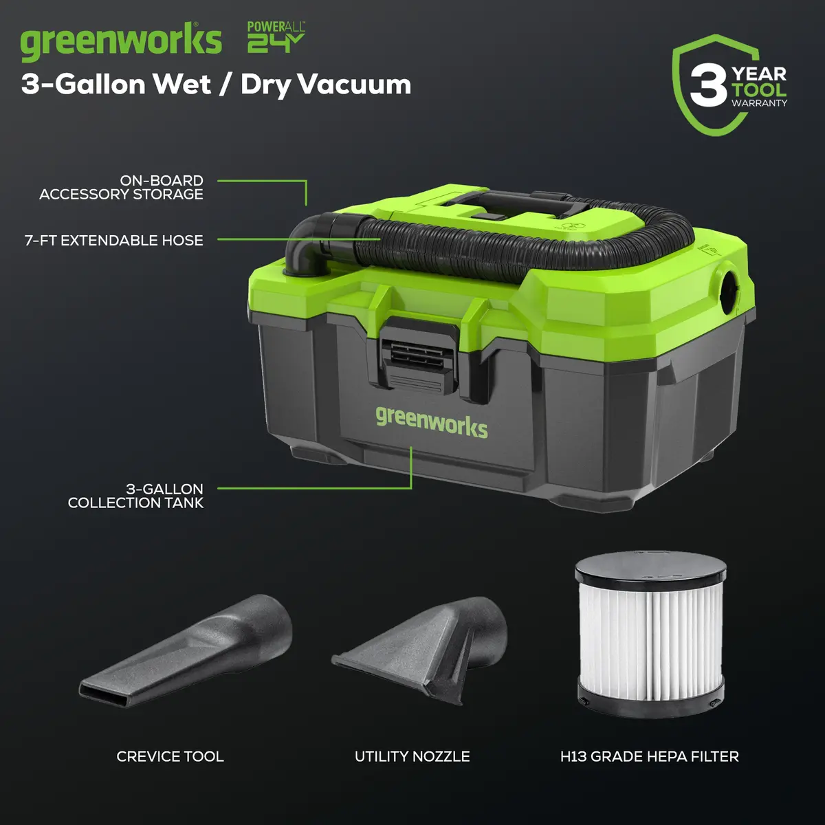 24V 3 Gallon Wet/Dry Vacuum (Tool Only) 2
