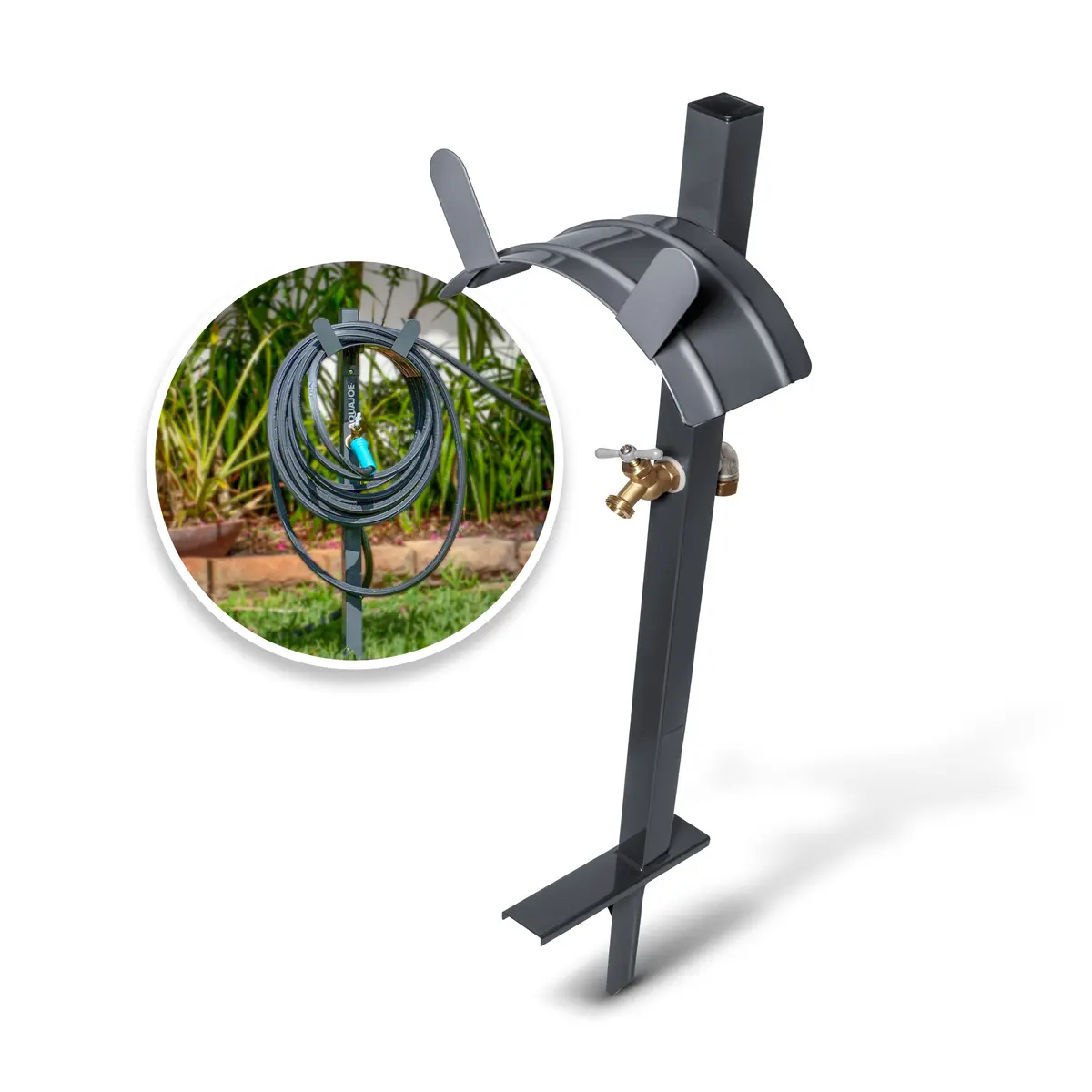 Aqua Joe Sj-Shsbb-Gry Garden Hose Stand W/ Brass Faucet | Stores Up To 125-Ft (Gray) 1