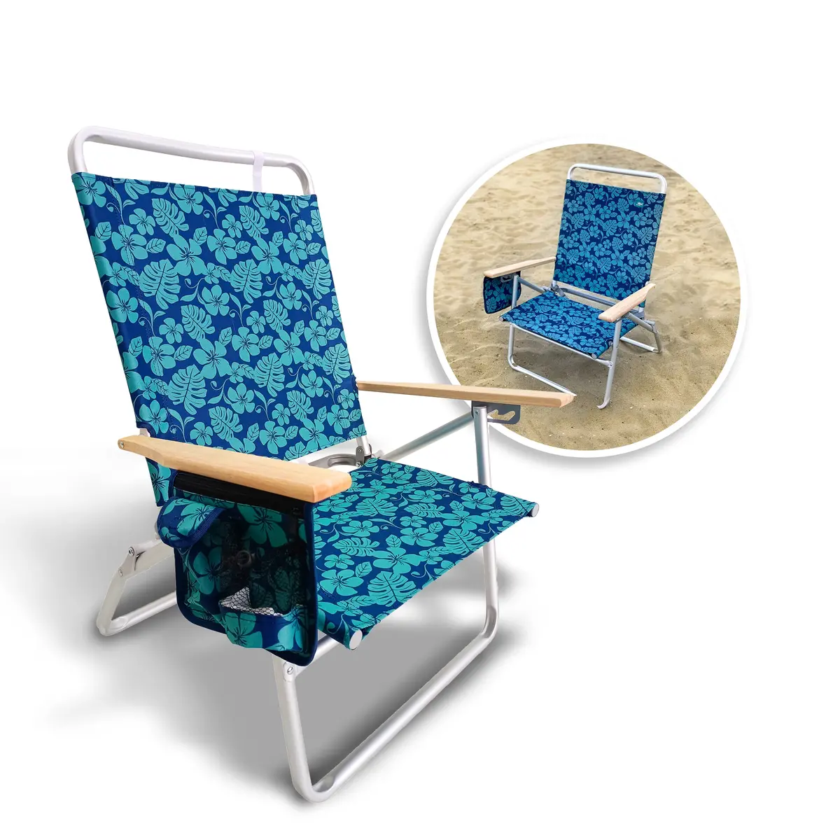 Bliss Hammocks Bbc-354-Bf Foldable Beach Chair W/ Side Pocket | 3 Reclining Positions | Storage Pouch, Phone Holder, & Cup Holder Included | 275 Lb. Capacity (Blue Flower) 1