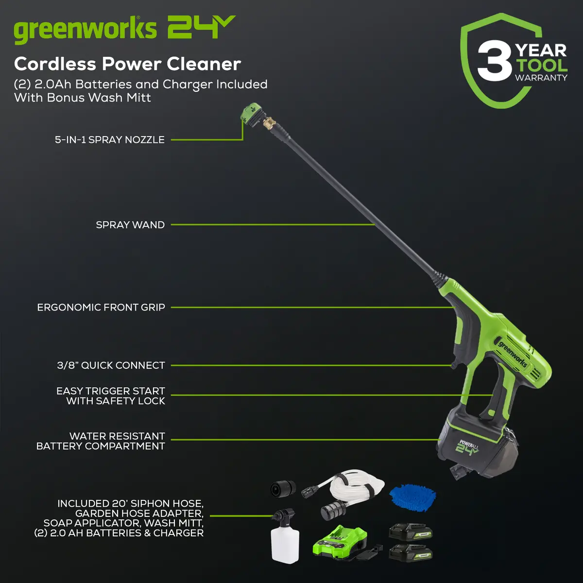 24V 600 Psi Cordless Pressure Washer Kit, (2) 2.0Ah Battery And Charger Included Bonus: Wash Mitt Included 2
