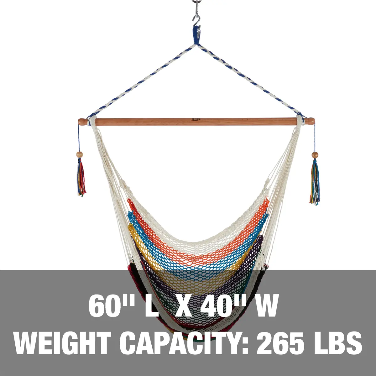 Bliss Hammocks Bhc-412 Island Rope Hammock Chair W/ Spreader Bar & Hanging Hardware | 40-In. Wide | 265 Lb. Capacity (Multi-Color) 2