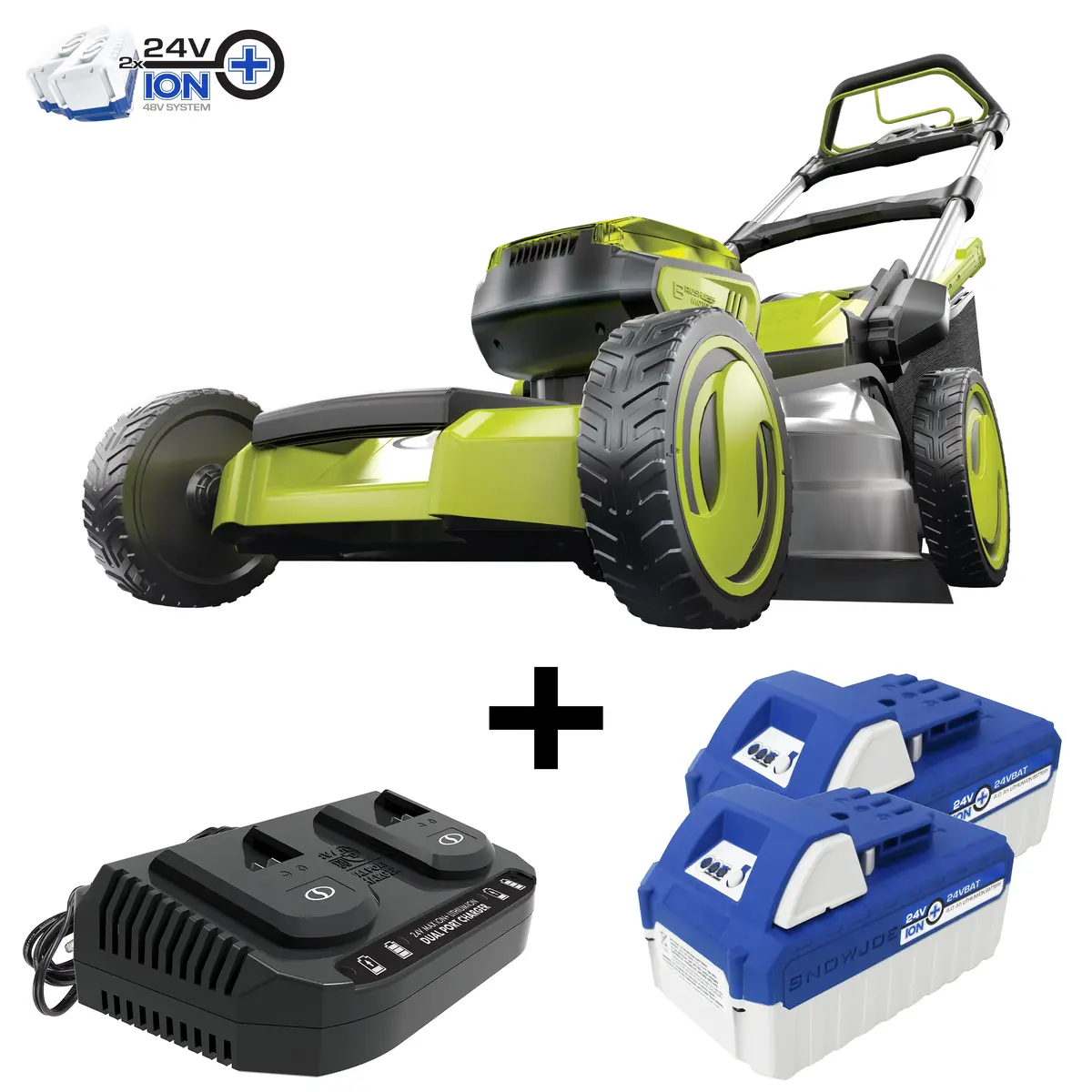 Sun Joe 24V-X2-21Lmsp 48-Volt* Ionmax Cordless Self-Propelled Lawn Mower Kit W/ 2 X 4.0-Ah Batteries + Dual Port Charger| 20-Inch | 7-Position | Collection Bag | Mulching Plug 1