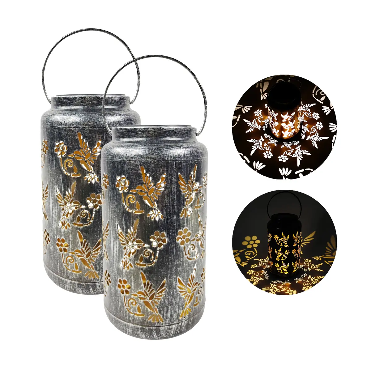 Bliss Outdoors Bsl-309-S Set Of 2 Solar Led Lanterns W/ Humming Bird Design & Hand Painted Finish | 9-In. Tall | Waterproof Ip44 (Silver) 1
