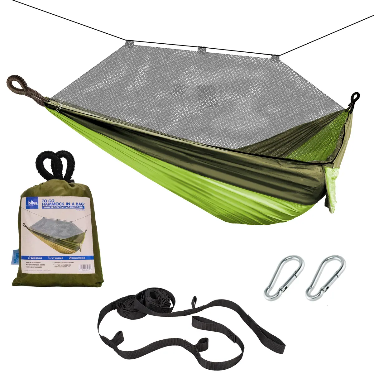 Bliss Hammocks Bh-406Xls-N-Fg Hammock In A Bag W/ Mosquito Net & Adjustable Tree Straps | 54-In. Wide | Weather & Uv Resistant | 350 Lb. Capacity (Forest Green) 2