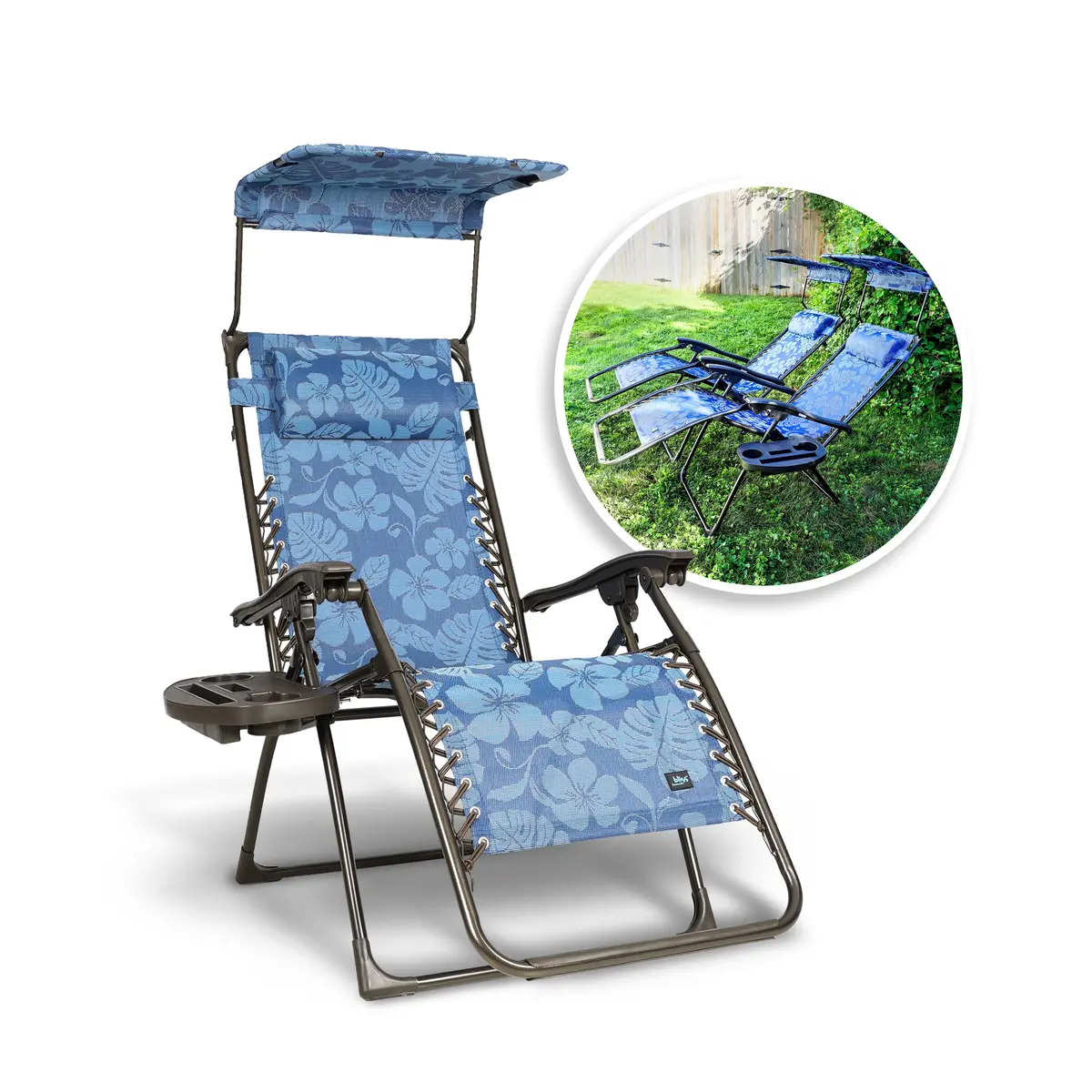 Bliss Hammocks Gfc-026-2Bf Set Of 2 Gravity Free Chairs W/ Canopy, Drink Tray, And Pillow | 26-In. Wide | Weather & Rust Resistant | 300 Lb. Capacity (Blue Flowers) 1