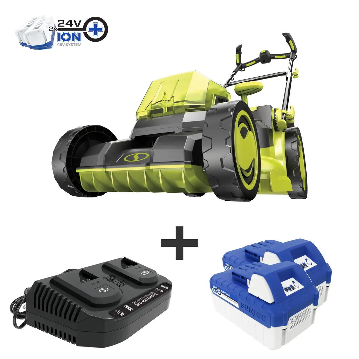 Sun Joe 24V-X2-16Lm 48-Volt* Ionmax Cordless Brushless Lawn Mower Kit | W/ 4.0-Ah Battery + Dual Port Charger & 12-Gallon Collection Bag | 16-Inch | Comfort Grip | One Touch 6-Position Height Adjustment 1
