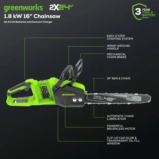 48V (24V X 2) 16" Cordless Battery Chainsaw, (2) 4.0Ah Usb Batteries & Dual Port Charger Included 2