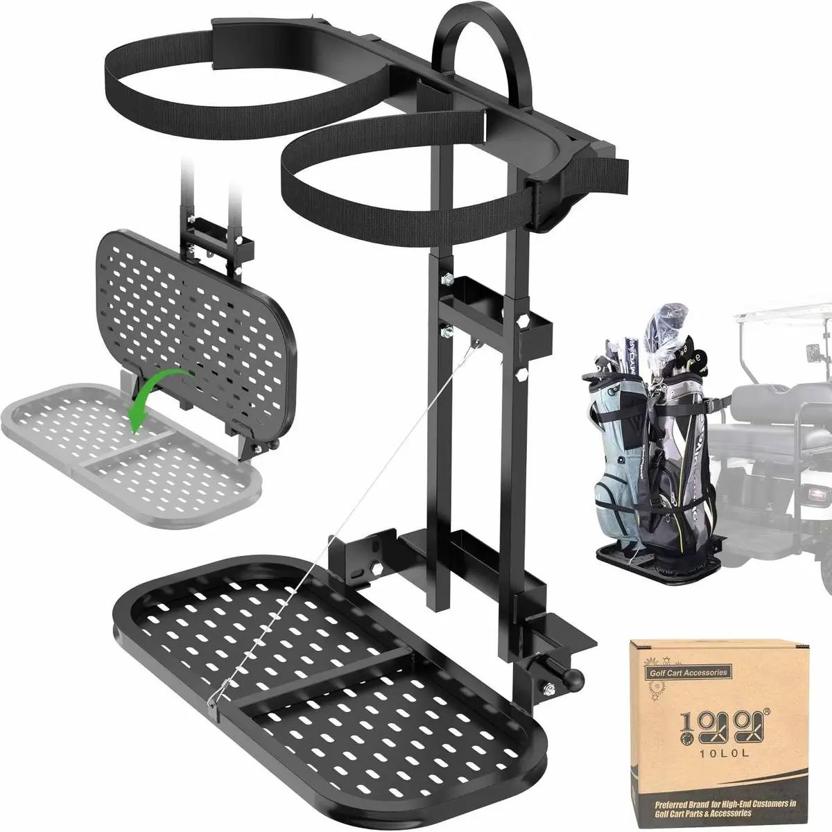 10L0l Universal Foldable Golf Cart Rear Bag Holder - No-Drill Fits Safety Grip Bar Up To 8" Wide 1