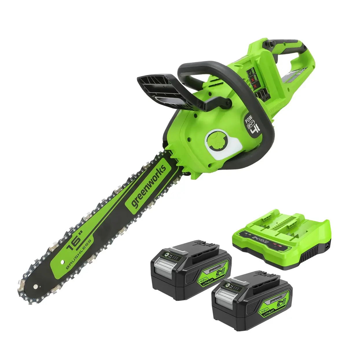 48V (24V X 2) 16" Cordless Battery Chainsaw, (2) 4.0Ah Usb Batteries & Dual Port Charger Included 1