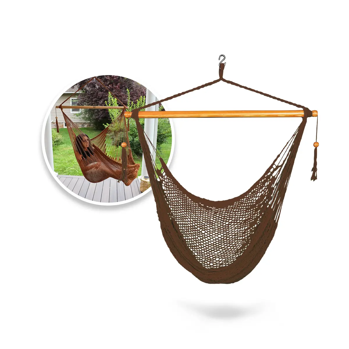 Bliss Hammocks Bhc-412Br Island Rope Hammock Chair W/ Spreader Bar & Hanging Hardware | 40-In. Wide | 265 Lb. Capacity (Brown) 1
