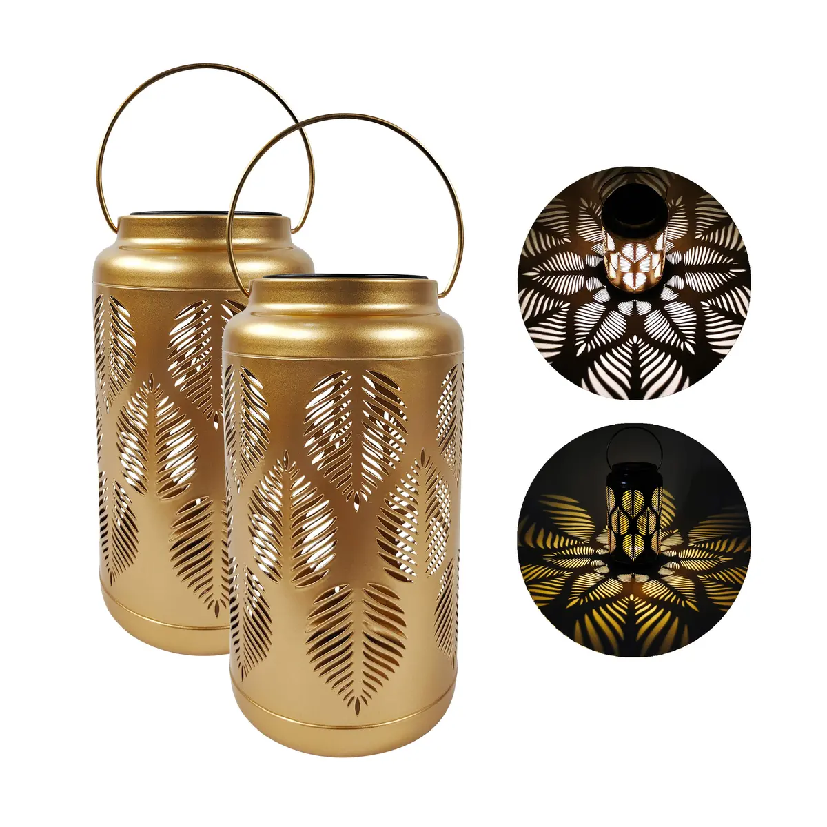 Bliss Outdoors Bsl-311-G Set Of 2 Solar Led Lanterns W/ Tropical Leaf Design & Hand Painted Finish | 9-In. Tall | Waterproof Ip44 (Gold) 1
