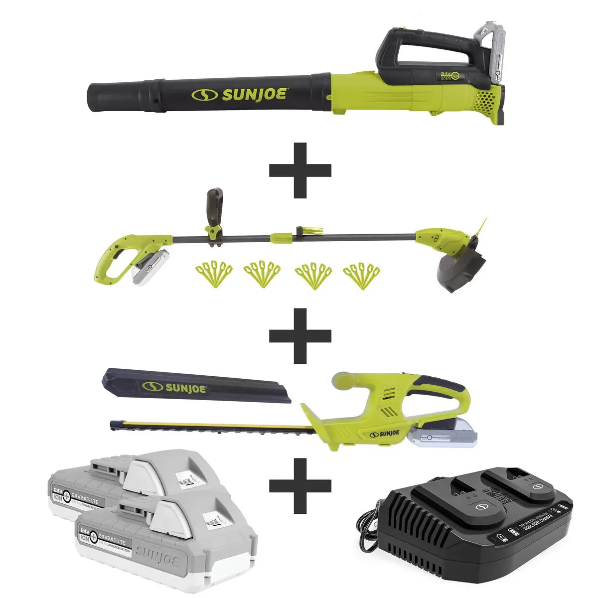 Sun Joe 24V-Gt3max-Lte 24-Volt* Ionmax Cordless Garden Combo Kit | Leaf Blower | Grass Trimmer | Hedge Trimmer | W/ 2 X 2.0-Ah Batteries + Charger 1