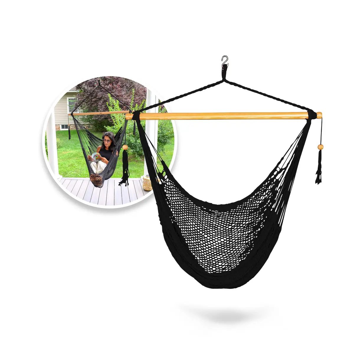 Bliss Hammocks Bhc-412Blk Island Rope Hammock Chair W/ Spreader Bar & Hanging Hardware | 40-In. Wide | 265 Lb. Capacity (Black) 1