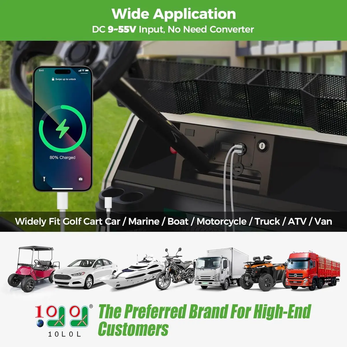 10L0l Universal Golf Cart Dual Usb Charger With Voltage Meter - Quick Charge 3.1A & 9-55V Input 2