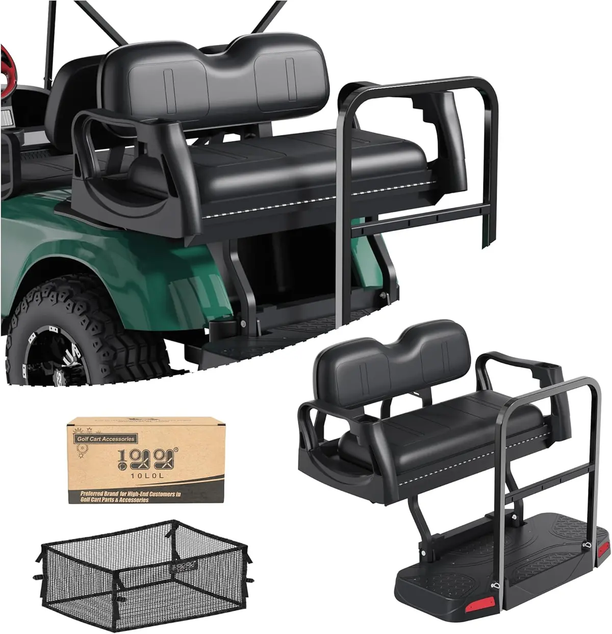 Luxury Golf Cart Flip Seat For Ezgo Txt (1995-Up) - Military-Grade Plastic With Storage Net & Cup Holders - 10L0l 1