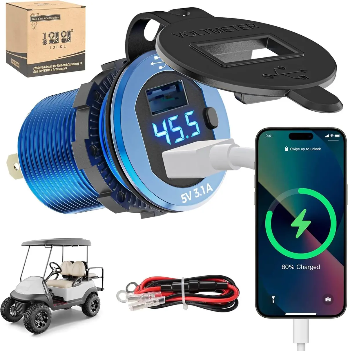 10L0l Universal Golf Cart Dual Usb Charger With Voltage Meter - Quick Charge 3.1A & 9-55V Input 2
