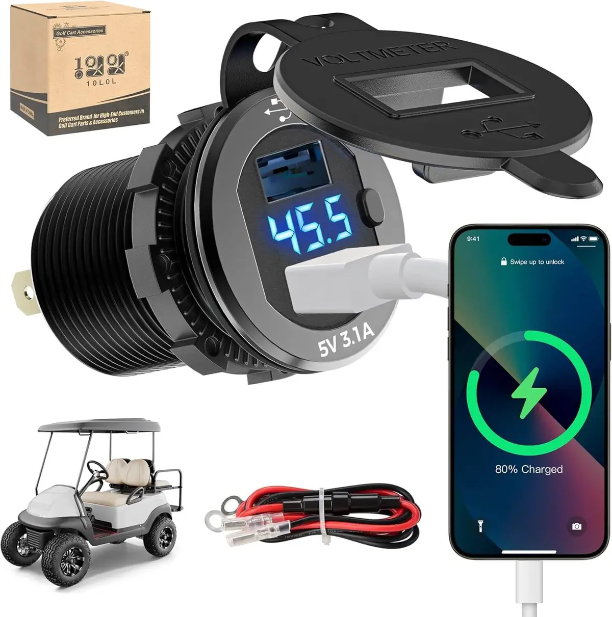 10L0l Universal Golf Cart Dual Usb Charger With Voltage Meter - Quick Charge 3.1A & 9-55V Input 1