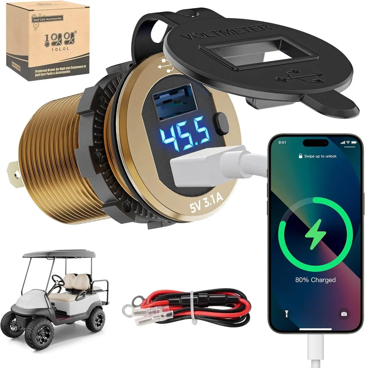 10L0l Universal Golf Cart Dual Usb Charger With Voltage Meter - Quick Charge 3.1A & 9-55V Input 3