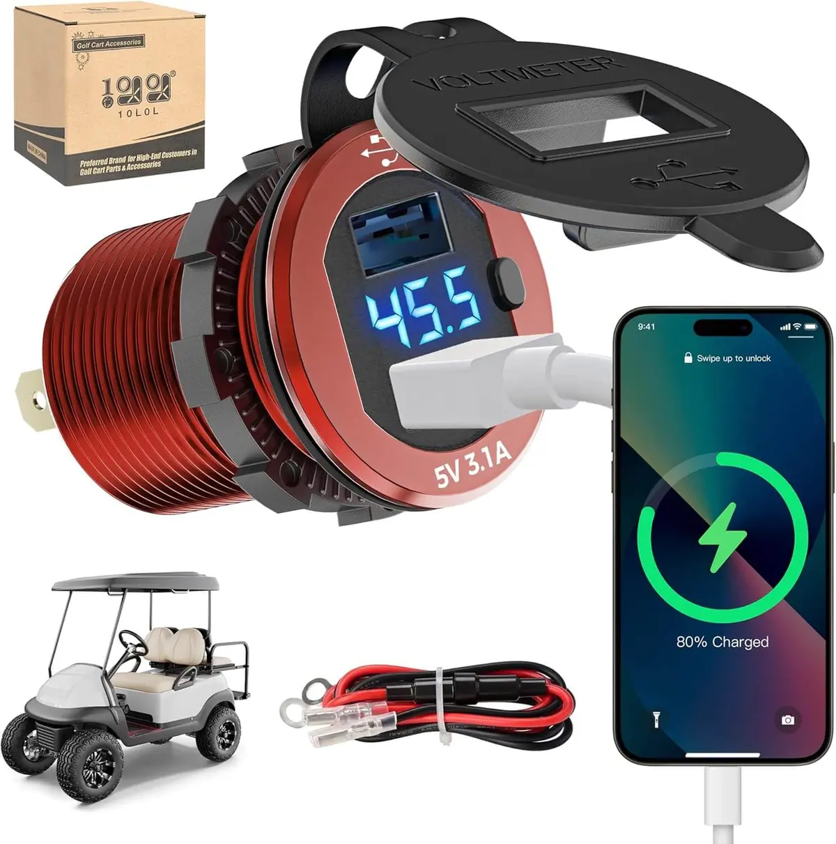 10L0l Universal Golf Cart Dual Usb Charger With Voltage Meter - Quick Charge 3.1A & 9-55V Input 4