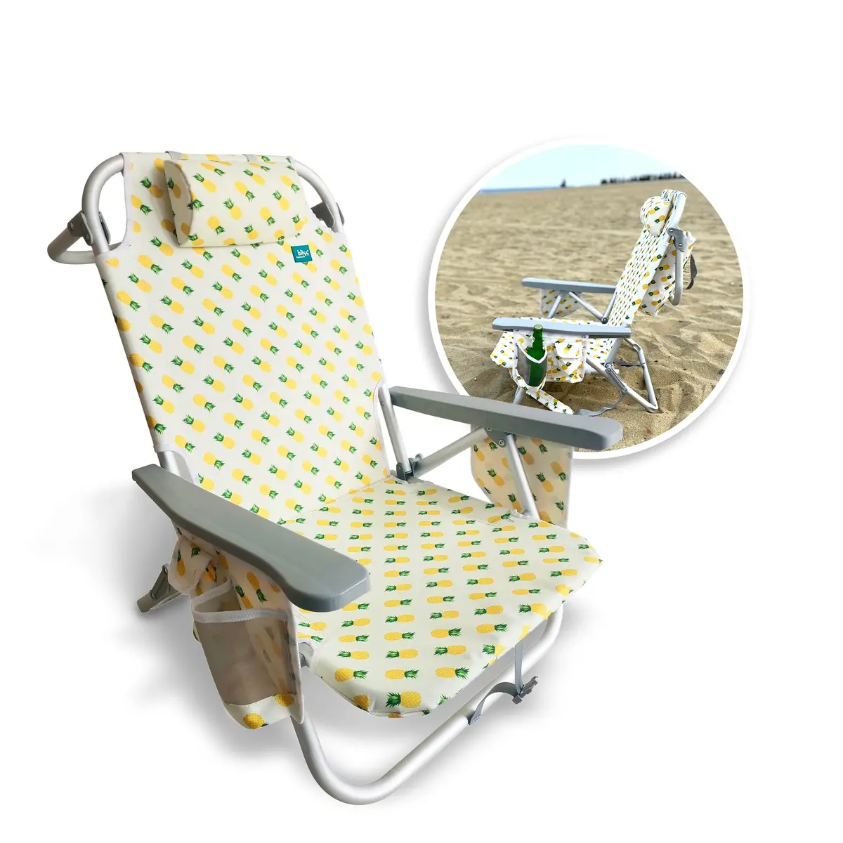 Bliss Hammocks Bbc-350-Pin Backpack Aluminum Beach Chair W/ Side Pocket & Detachable Cooler Bag | 5 Reclining Positions | 275 Lb. Capacity (Pineapple) 1