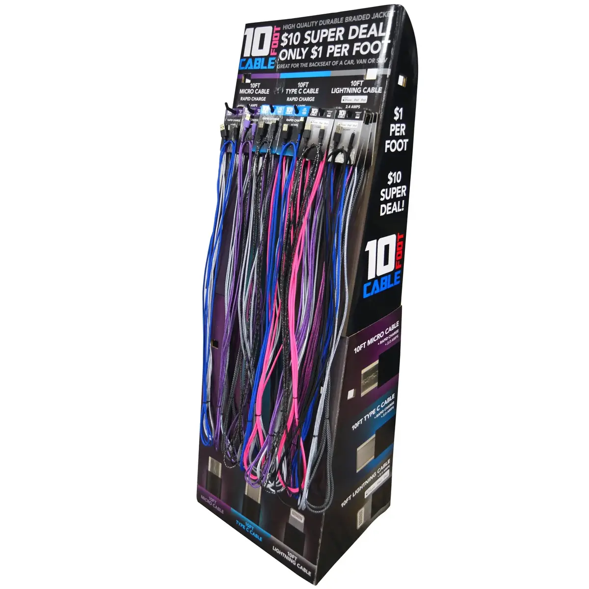 10Ft Basic Sync And Charge Cable Assortment - 24 Pieces Per Retail Ready Display Kit 88268 1