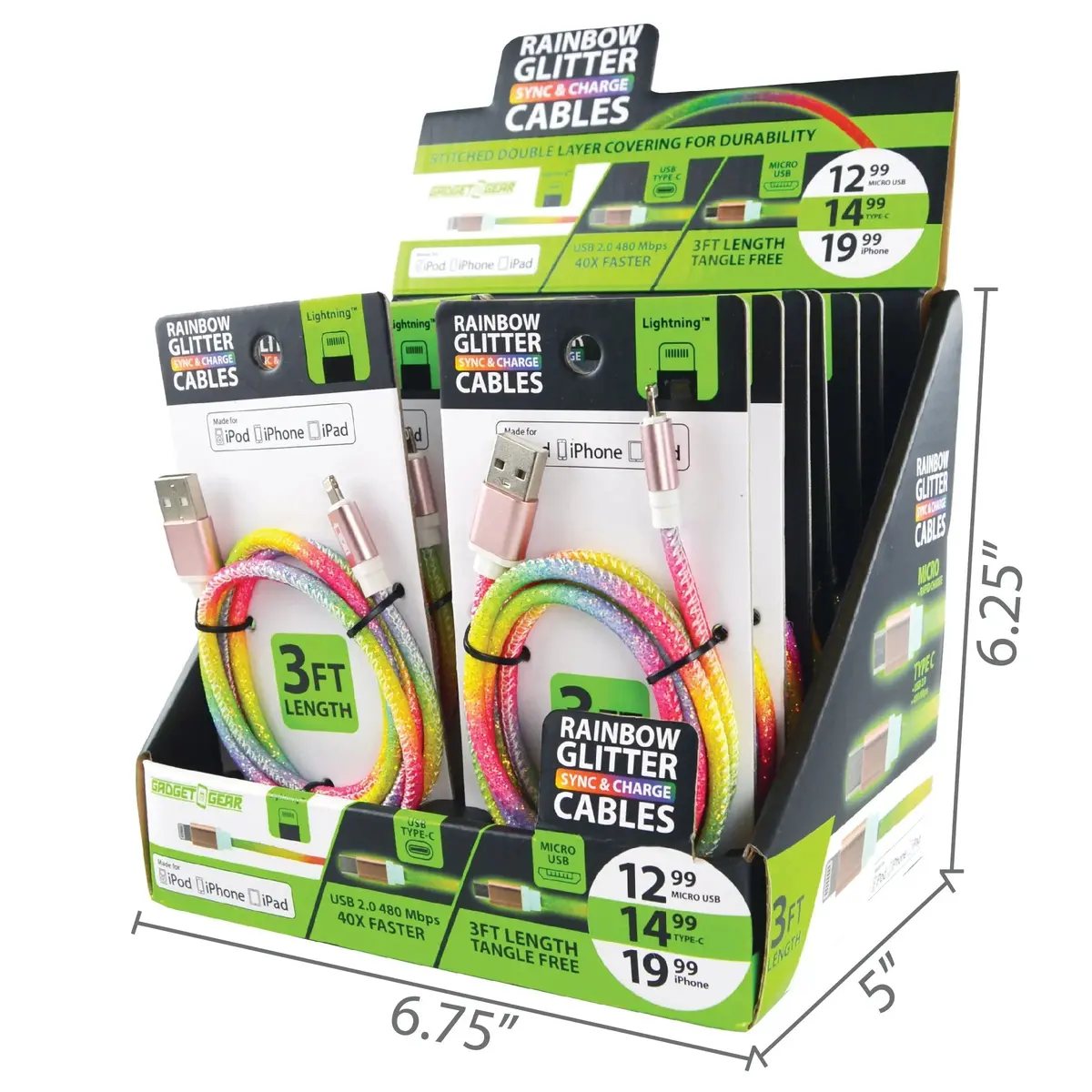 Charging Cable Rainbow Assortment 3Ft - 12 Pieces Per Retail Ready Display 88274 1
