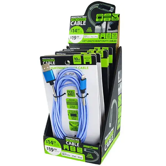 Charging Cable Indestructible Assortment 10Ft 2.4 Amp - 6 Pieces Per Retail Ready Display 88294 1