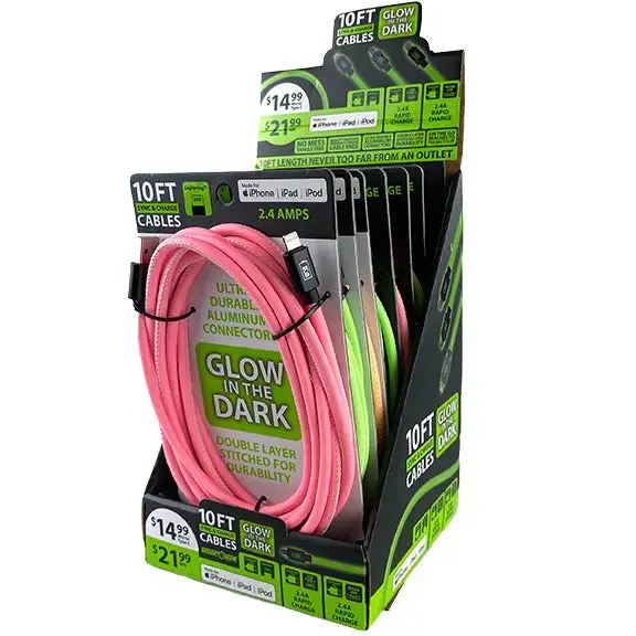 Charging Cable Glow In The Dark Assortment 10Ft 2.4 Amp - 6 Pieces Per Retail Ready Display  88320 1