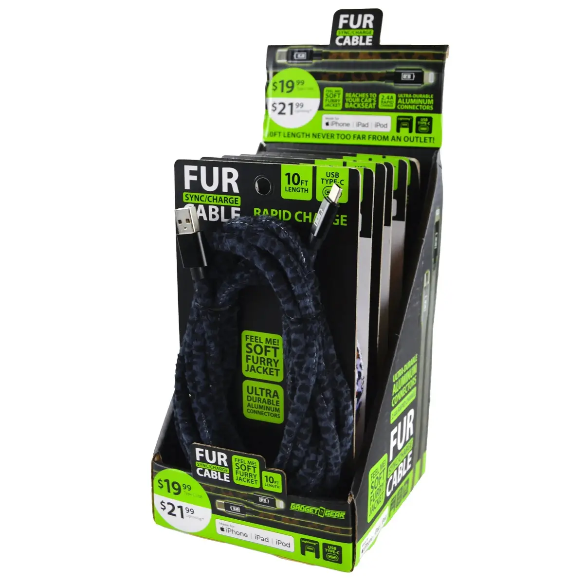 Charging Cable Fur Assortment 10Ft 2.4 Amp - 6 Pieces Per Retail Ready Display 88341 1
