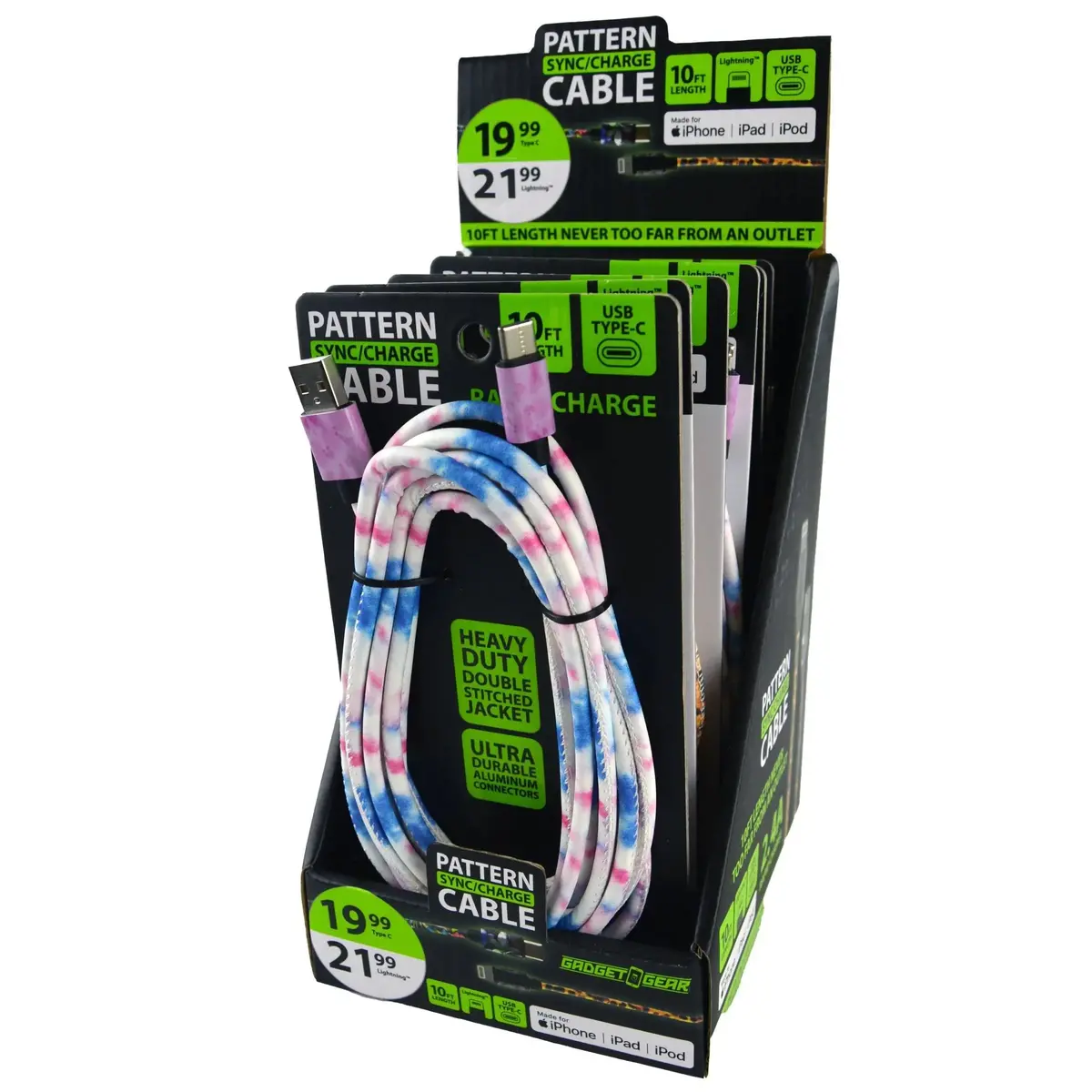 Charging Cable Pattern Assortment 10Ft - 6 Pieces Per Retail Ready Display 88347 1
