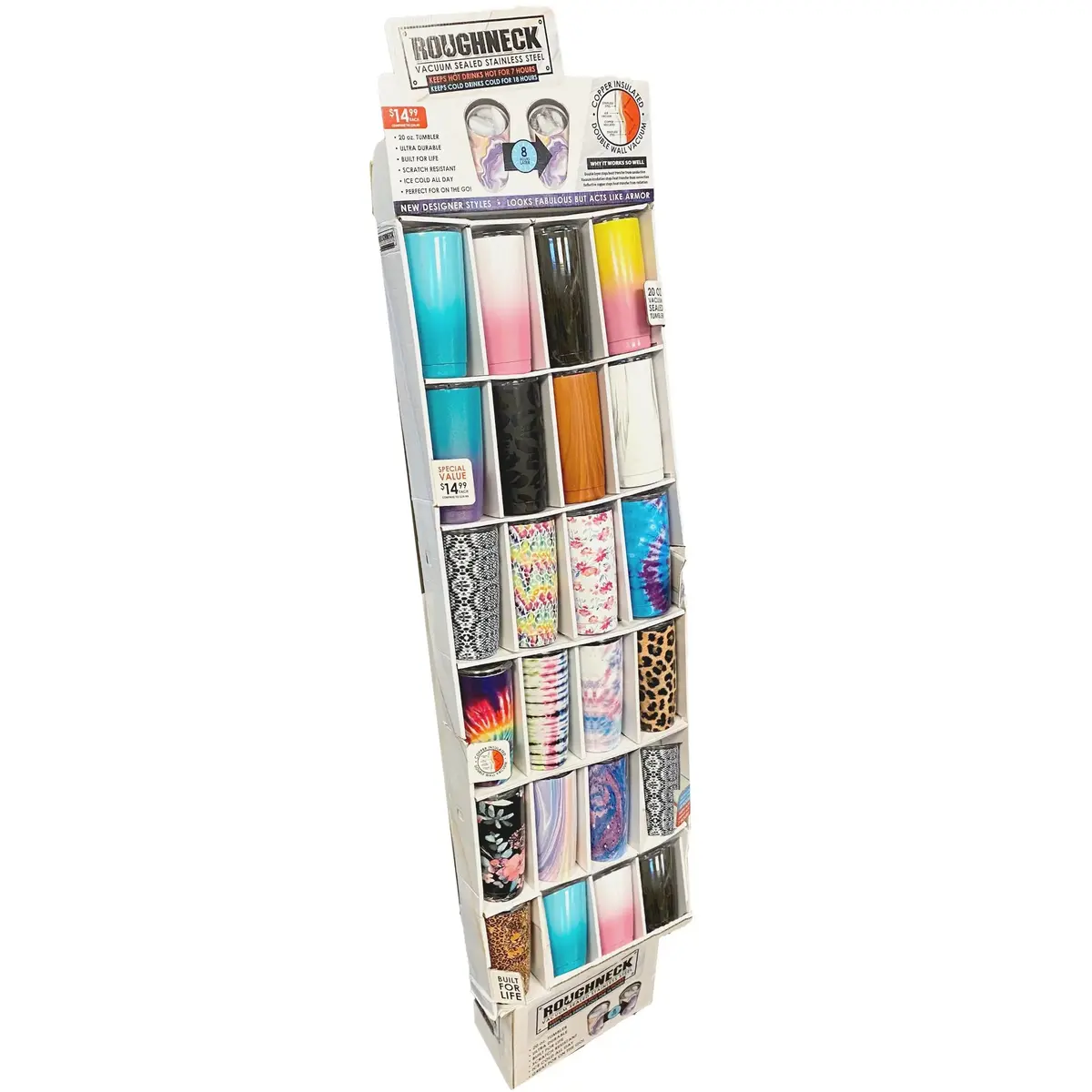 20 Oz Insulated Cup Assortment Floor Display - 24 Pieces Per Retail Ready Display Kit 88351 1