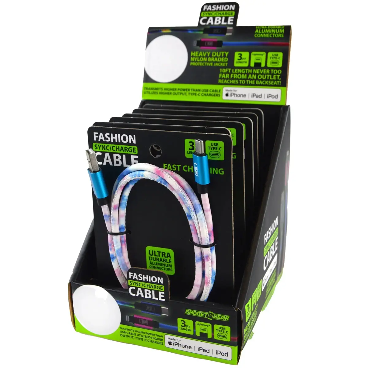 Charging Cable Color Fade Assortment 3Ft - 6 Pieces Per Retail Ready Display 88352 1