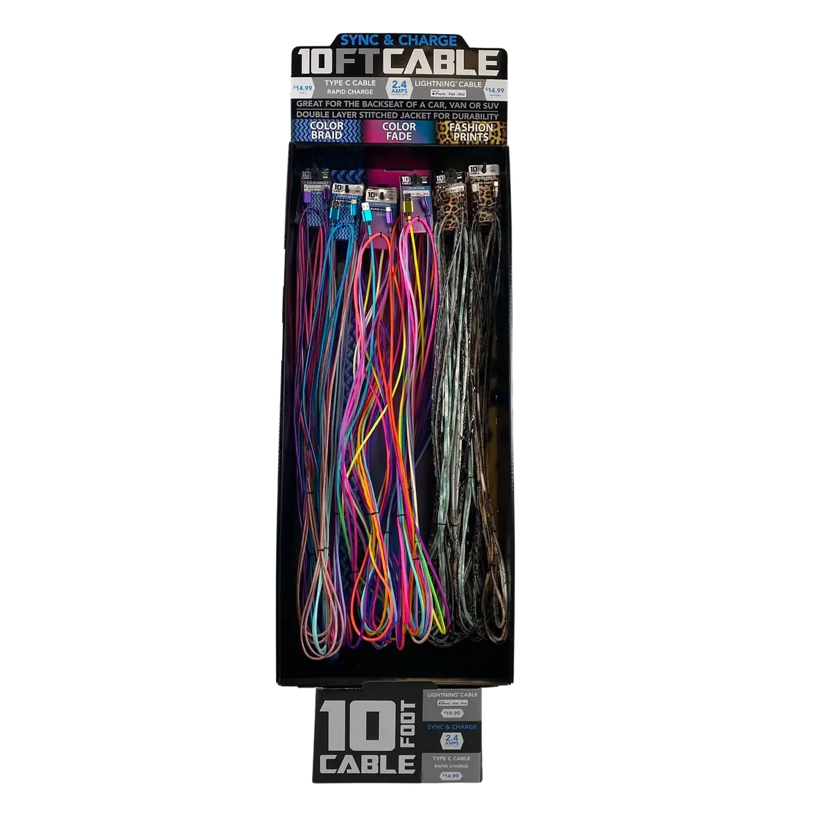 10Ft Braided Sync And Charge Cable Assortment Floor Display - 36 Pieces Per Retail Ready Display Kit 88385 2