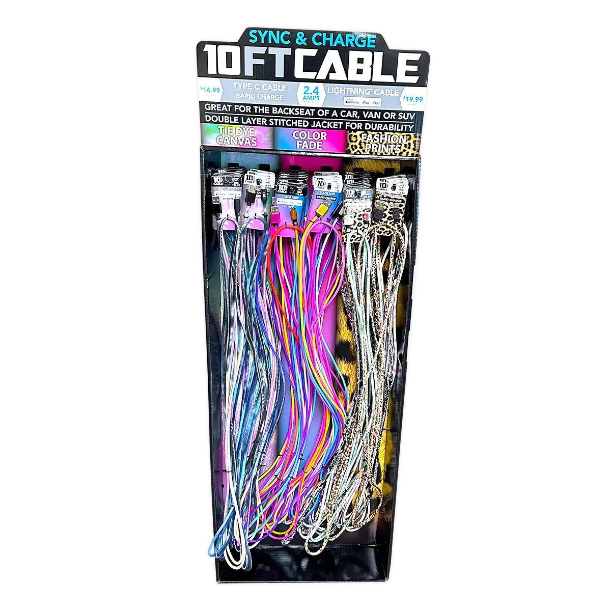 10Ft Braided Sync And Charge Cable Assortment Floor Display - 38 Pieces Per Retail Ready Display Kit 88396 1