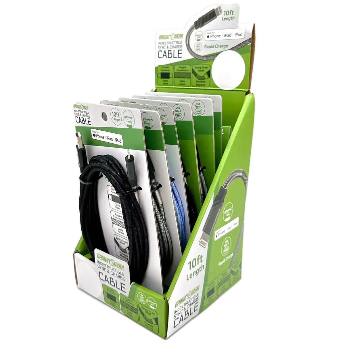 Charging Cable Indestructible Assortment 10Ft 2.4 Amp - 6 Pieces Per Retail Ready Display 88468 1