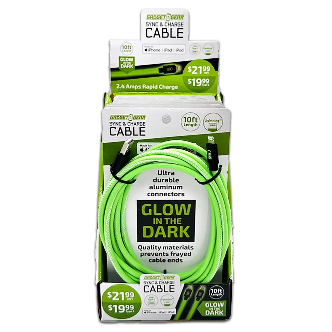 Charging Cable Glow In The Dark Assortment 10Ft - 6 Pieces Per Retail Ready Display Kit 88498 2