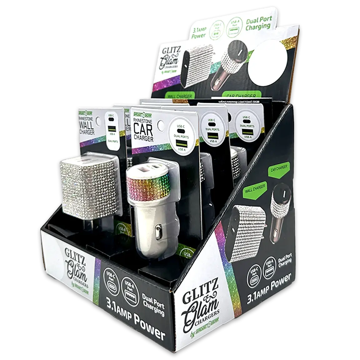 Car Charger And Wall Charger Dual Port Usb / Usb-C Rhinestone Assortment - 6 Pieces Per Retail Ready Display 88502 1